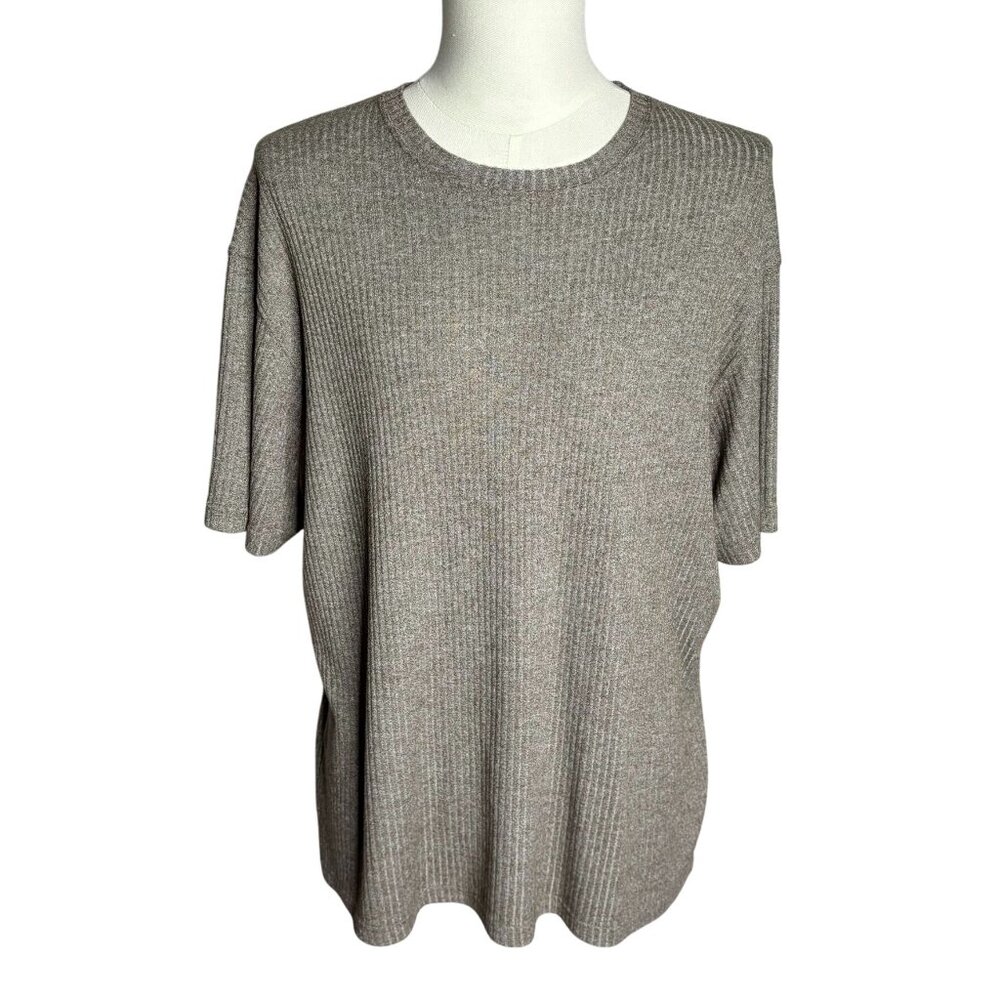 J Ferrar Ribbed Knit Short Sleeve Shirt XL Brown Marled Crewneck Rayon Blend